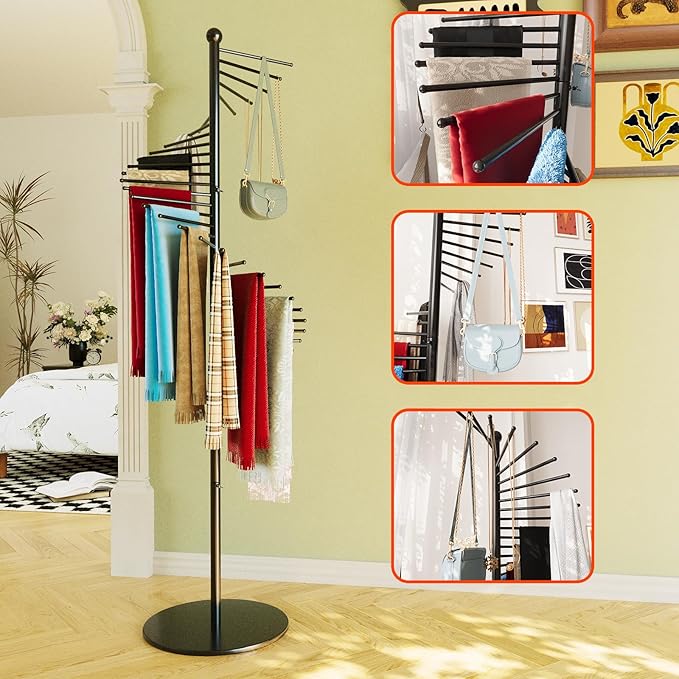 Spiral Scarf Rack with 30 Rods, Freestanding Metal Scarf Organizer, Space Saving Shelves, Commercial Hijab Organizer Stand for Home Clothing and Clothes Store (Black)