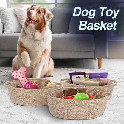 MEGASKET Brown Variegated Small Woven Basket, 13” x 9” x 5” Baskets for Gifts Empty, Cotton Rope Gift Basket, Cute Nursery Baby Organizer, Cat Dog Toy Bin Box, Wicker Storage Bin with Handle