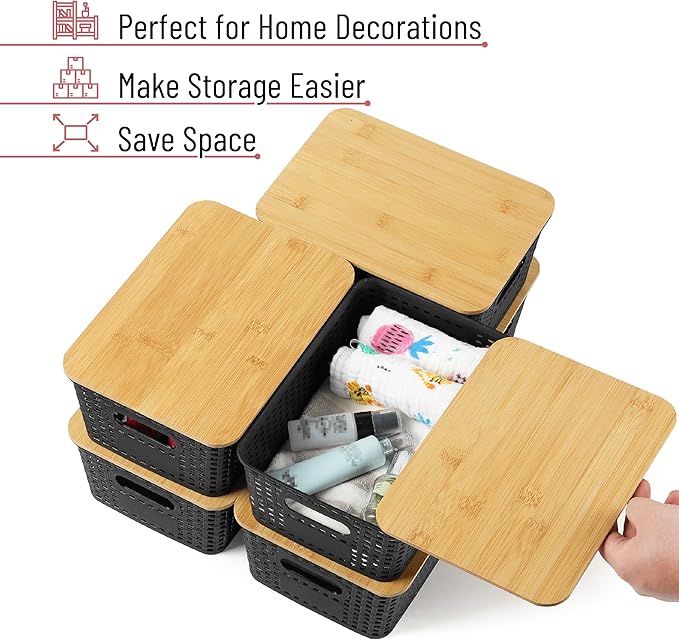 BAMBOO LAND- Plastic Storage Baskets with Bamboo Lid, 6 pcs, Black Small Pantry Storage Baskets with Lids