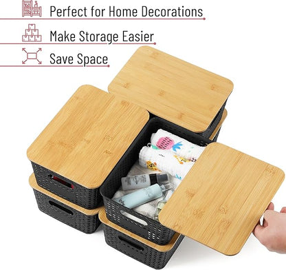 BAMBOO LAND- Plastic Storage Baskets with Bamboo Lid, 6 pcs, Black Small Pantry Storage Baskets with Lids