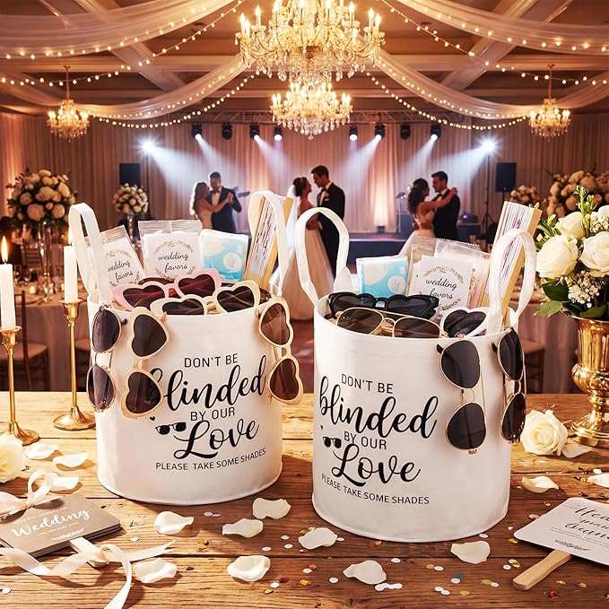 Yungyan 2 Pcs White Wedding Baskets 12 Inch Felt Sunglasses Storage Baskets with "Don't Be Blinded by Our Love" Slogan, Multipurpose Decoration for Weddings Picnics Parties Garden Gifts