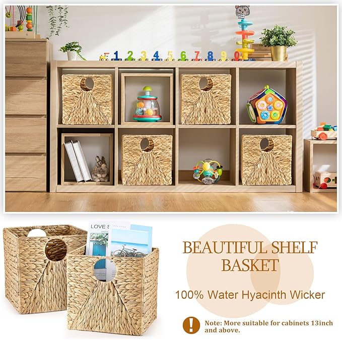 Jinei 6 Pcs Wicker Storage Basket Bulk 12 x 12 x 12 Inch Handwoven Water Hyacinth Cube Bin with Handles Woven Laundry for Organizer Shelves Wood Color