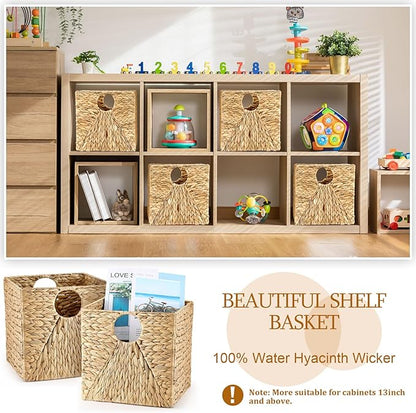 Jinei 6 Pcs Wicker Storage Basket Bulk 12 x 12 x 12 Inch Handwoven Water Hyacinth Cube Bin with Handles Woven Laundry for Organizer Shelves Wood Color