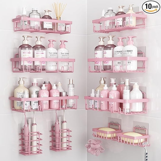 Liuoud 10 Pack Shower Caddy Organizer Rack Shelf for Inside Shower, Self Adhesive Wall Storage Basket Rustproof Stainless Steel Shampoo Holder Bathroom Accessory Decor Set, Pink