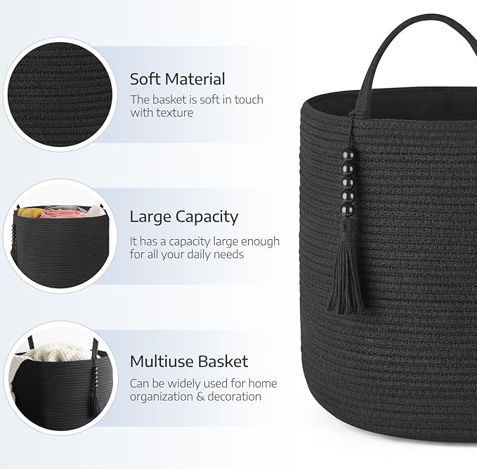 Mkono Woven Storage Basket Decorative Natural Rope Basket Wooden Bead Decoration for Blankets,Toys,Clothes,Shoes,Plant Organizer Bin with Handles Living Room Home Decor, 16" W×13.8" L, Black