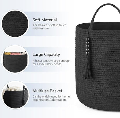 Mkono Woven Storage Basket Decorative Natural Rope Basket Wooden Bead Decoration for Blankets,Toys,Clothes,Shoes,Plant Organizer Bin with Handles Living Room Home Decor, 16" W×13.8" L, Black