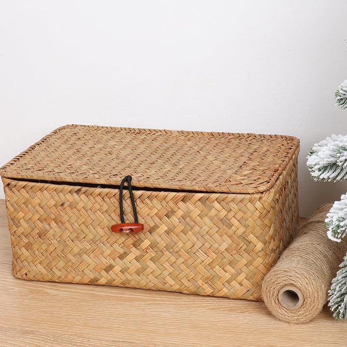 Moosky Wicker Shelf Baskets with Lid,Handwoven Seagrass Basket for Storage Basket Bins Rectangular Home Organizer Gift Boxes (Natural Large)
