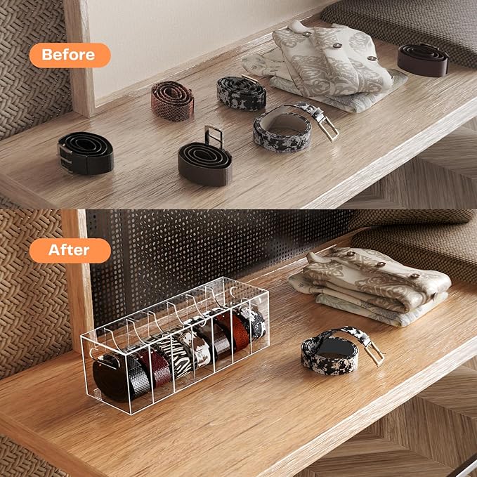 YUNEASELF Belt Organizer - Acrylic Belt Storage Holder for Closet with Dust Cover Lid - 7 Compartments Clear Display Case for Tie and Bow Tie