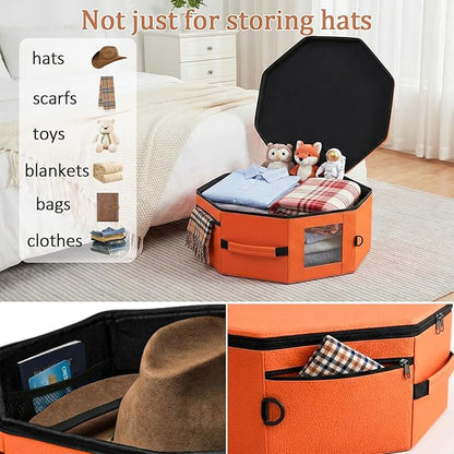 Vegan Leather Hat Box,Large Octagonal Hat Travel Fits 5 Cowboy or Wide-Brim Hats,Padded Hat Storage Organizer with Trolley Sleeve,Clear Window & Shoulder Strap,for Travel or Home Organization, Orange
