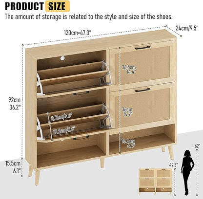 Gadroad Shoe Storage Cabinet with 4 Flip Drawers, Freestanding Shoe Organizer with Wood Legs, Farmhouse Rattan Shoe Rack for Entryway, Living Room, and Bedroom, Natural