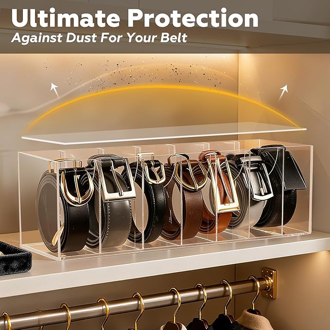 JASGOOD Belt Organizer for Closet,Acrylic 7 Compartments Storage Holder with Dust Cover Lid for Closet Drawer, Display Case for Belts, Ties, Watches, Jewelry and Accessories