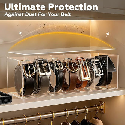 JASGOOD Belt Organizer for Closet,Acrylic 7 Compartments Storage Holder with Dust Cover Lid for Closet Drawer, Display Case for Belts, Ties, Watches, Jewelry and Accessories