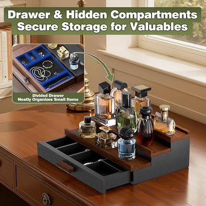 Perfume Cologne Organizer for Men: 3 Tier Wooden Perfumes Stand, Desktop Parfum Holder Wood Display Shelf with Cabinet, Bedroom Dresser Makeup Lotion Jewelry Storage Rack with Drawer