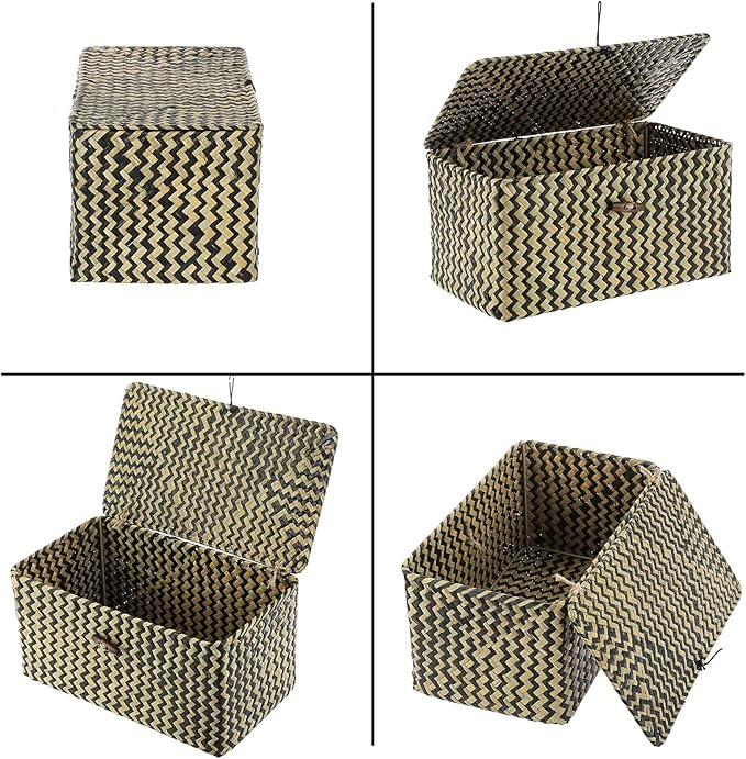 Hipiwe Wicker Shelf Baskets with Lid Seagrass Storage Baskets Handwoven Household Organizer Rectangular Woven Organizer Box for Storage Shelf Wardrobe,Medium