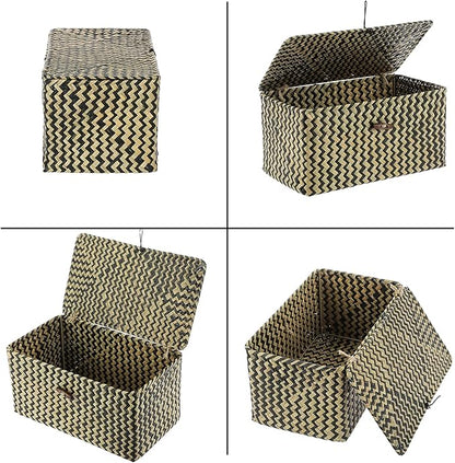 Hipiwe Wicker Shelf Baskets with Lid Seagrass Storage Baskets Handwoven Household Organizer Rectangular Woven Organizer Box for Storage Shelf Wardrobe,Medium