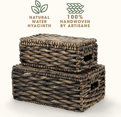 Set of 2 Black Wicker Baskets with Lid