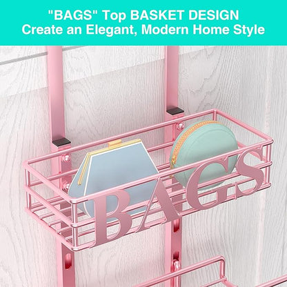 HapiRm Over Door Purse Organizer - Adjustable Purse Storage Rack with Bags Design Metal Basket, Wall Mounted Handbag Organizer, Hanging Handbag Holder, Can Use As 1/2 Part Detachable