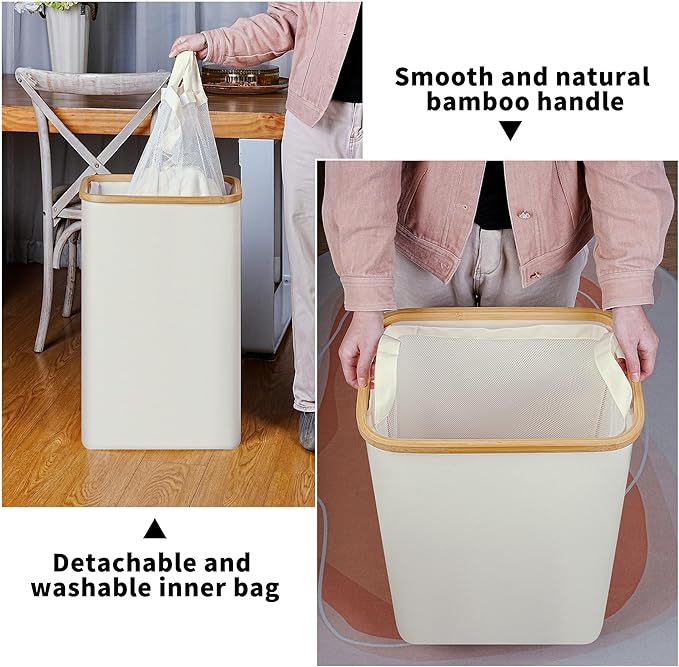 iEGrow Slim Laundry Hamper,75L Beige Narrow Laundry Basket with Lid,Foldable Clothes Hamper with Bamboo Handles,Hamper Basket with Removable Inner Bag for Laundry Room Bedroom College Dorm