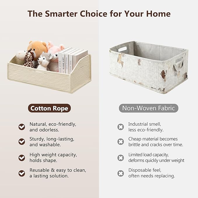 UBBCARE Closet Storage Bins 2 Pack, Cotton Rope Clothes Storage Bins & Sturdy Dog Toy Basket, 19" X 11" X 7" Shelf Baskets for Organizing, Beige
