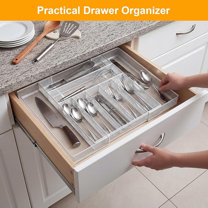 1 Pcs Utensil Drawer Silverware Organizer, Metal Mesh Expandable 13" 24" Kitchen Drawer Organizer, 7-9 Slots Cutlery Tray Dividers for Kitchen Flatware Christmas Housewarming Gift (White)