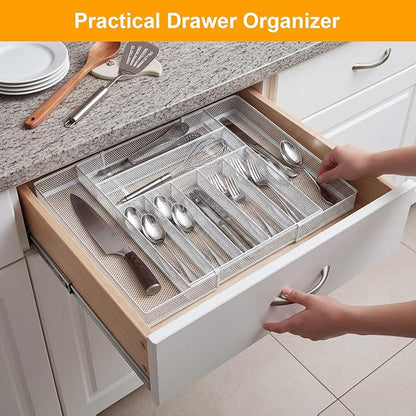 2 Pcs Utensil Drawer Silverware Organizer, Metal Mesh Expandable 13" 24" Kitchen Drawer Organizer, 7-9 Slots Cutlery Tray Dividers for Kitchen Flatware Christmas Housewarming Gift (White)