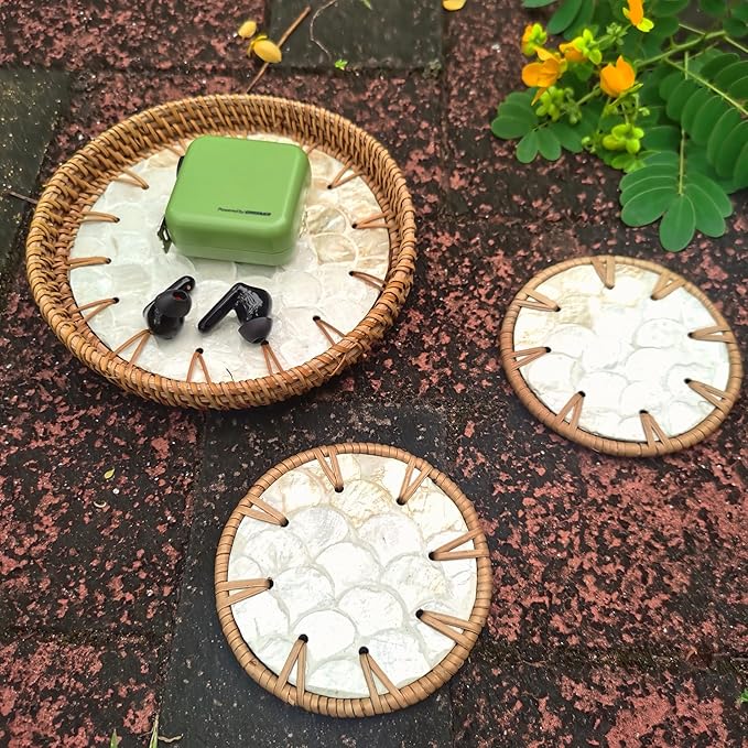 6" Mini Lazy Susan Turntable with 2 Rattan Coasters – Mother of Pearl Rotating Tray for Coffee Bar, Vanity, or Tabletop – Small Boho Decor for Condiments, Perfume & Jewelry Display