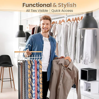 2PCS Tie Rack Hanger for Closet Upgraded 2-in-1 Tie and Belt Hanger Non Slip Tie Rack with 20 Hooks Tie Hanger Space Saving Wooden Belt Tie Organizer for Tank Tops Bras Cami Scarves, Wooden