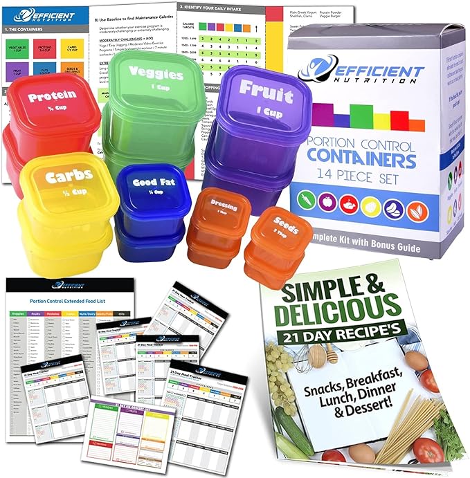 Efficient Nutrition Portion Control Containers DELUXE Kit (14-Piece) with COMPLETE GUIDE + 21 DAY PLANNER + RECIPE eBOOK BPA FREE Color Coded Meal Prep System for Diet and Weight Loss