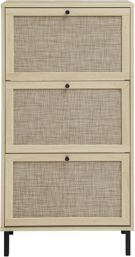 ZeHuoGe Natural Rattan Cabinet with 3 Flip Drawers, Free Standing Modern 3-Tier Shoe Storage Rack for Heels, Slippers, Entrance Hallway Entryway （3 Drawers）