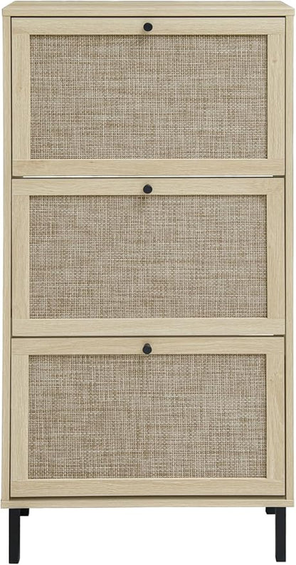 ZeHuoGe Natural Rattan Cabinet with 3 Flip Drawers, Free Standing Modern 3-Tier Shoe Storage Rack for Heels, Slippers, Entrance Hallway Entryway （3 Drawers）