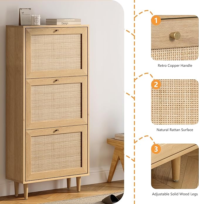 Narrow Shoe Cabinet with 3 Flip Drawers Hidden Freestanding Shoe Rack with Rattan Doors Wooden Shoe Storage Cabinet with Solid Wood Legs for Entryway Slim Hallway Apartment， Natural Oak