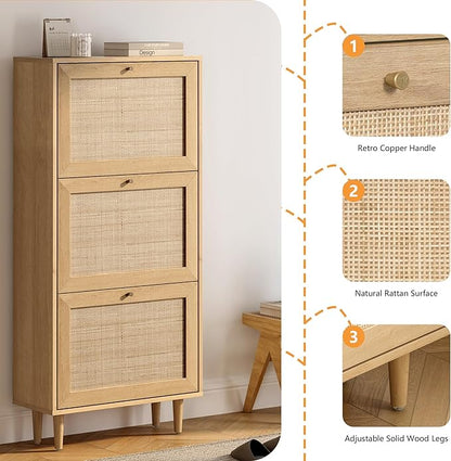 Narrow Shoe Cabinet with 3 Flip Drawers Hidden Freestanding Shoe Rack with Rattan Doors Wooden Shoe Storage Cabinet with Solid Wood Legs for Entryway Slim Hallway Apartment， Natural Oak