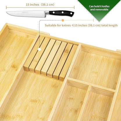 VaeFae Bamboo Silverware Drawer Organizer Kitchen, Expandable Utensil Organizer with Knife Block, Cutlery Tray with Divider, Multifunctional Drawer Organizer
