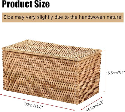 Hipiwe Rattan Basket Box with Lid Handwoven Wicker Storage Basket Bins Lidded Decorative Baskets Rectangular Household Baskets for Shelf Organizing Home Decor, 11.8"Lx6.2"Wx6.1"H