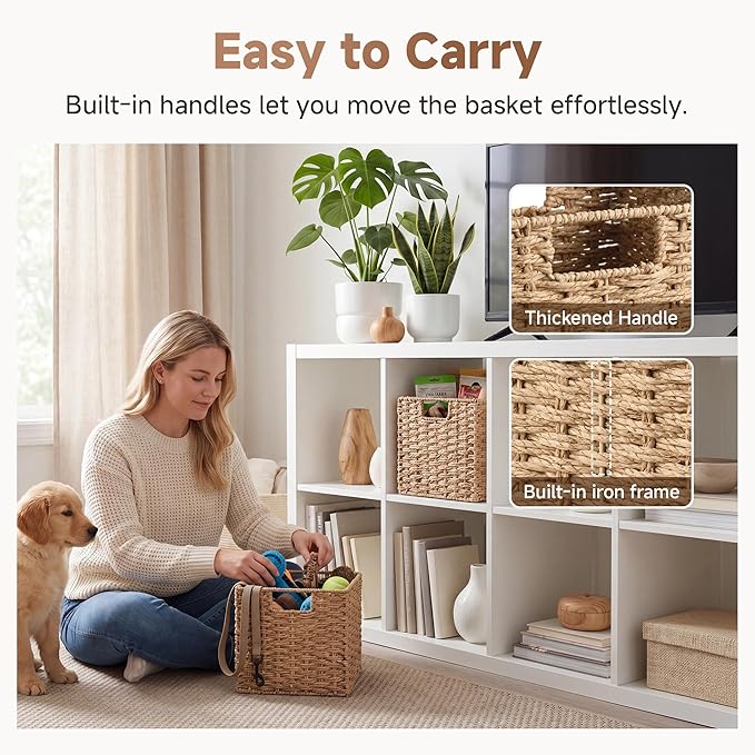 StorageWorks 9 inch Wicker Storage Cubes, Handwoven Wicker Baskets for Storage, Square Cube Organizer Bins, Foldable Paper Rope Basket for Organizing, Natural, 2 Pack