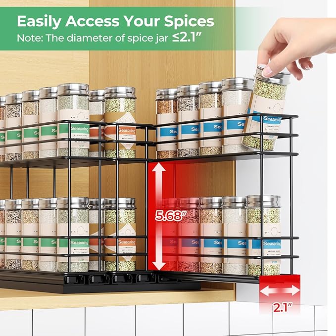 Mystozer Pull Out Spice Rack Organizer for Cabinet, Slide Out Spice Racks, Easy to Install Spice Cabinet Organizers, 7.4" Wx10.43 Dx8.26 H, 3 Drawers 2 Tiers(Black)