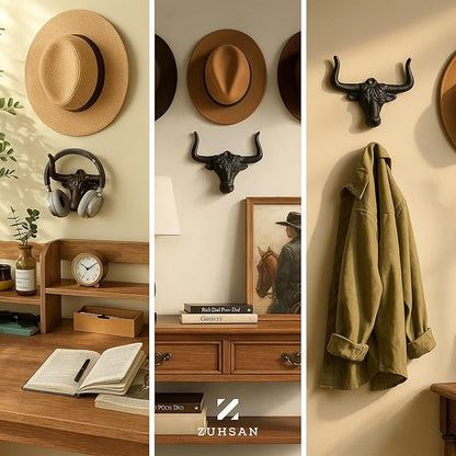 Cowboy Hat Rack for Wall - 4 Pack Cast Iron Cowboy Hat Holder,Hat Storage Organizer Hat Hooks for Wall Western Decor for Bedroom Western Gifts (Rust, 4 Pack)