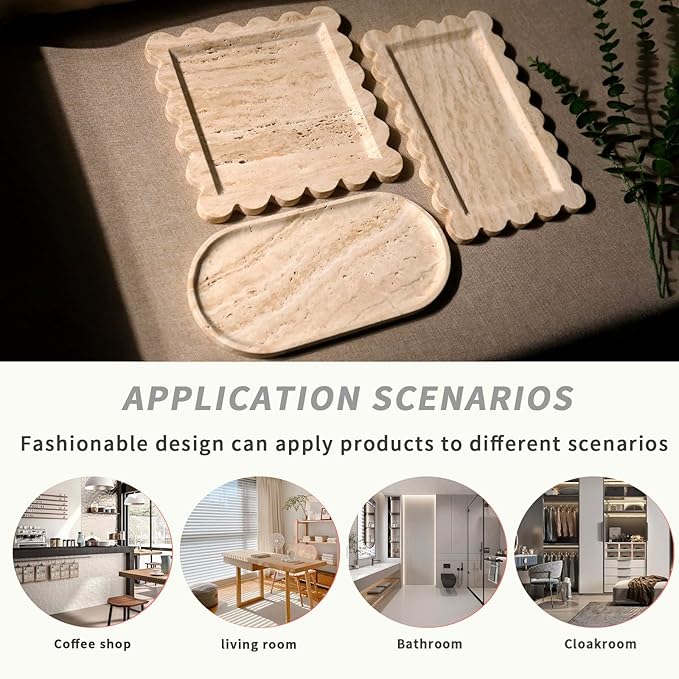 Natural 100% Marble Vanity Tray Luxury Scalloped Marble Storage Rectangle Italian Travertine Tray for Home Decor Stone Tray for Bathroom/Kitchen/Candle Key (Rectangle-11.8 * 7.4-Beige Travertine)