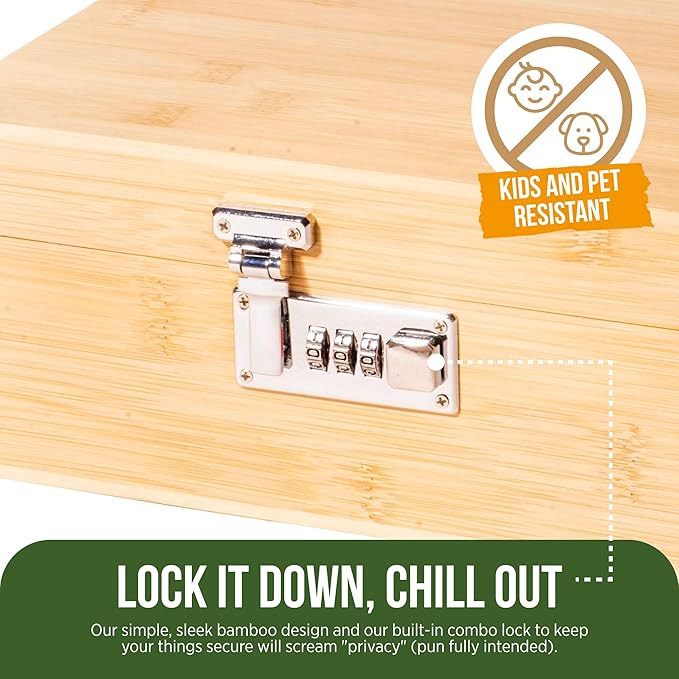 The OG Storage Box - Large Bamboo Box with Combination Lock, Magnetic Lid, Organizer Tray, Airtight Tube and 3 Smell-Proof Jars - Discreet Decorative Locking Wooden Box with Accessories (Wood/Silver)