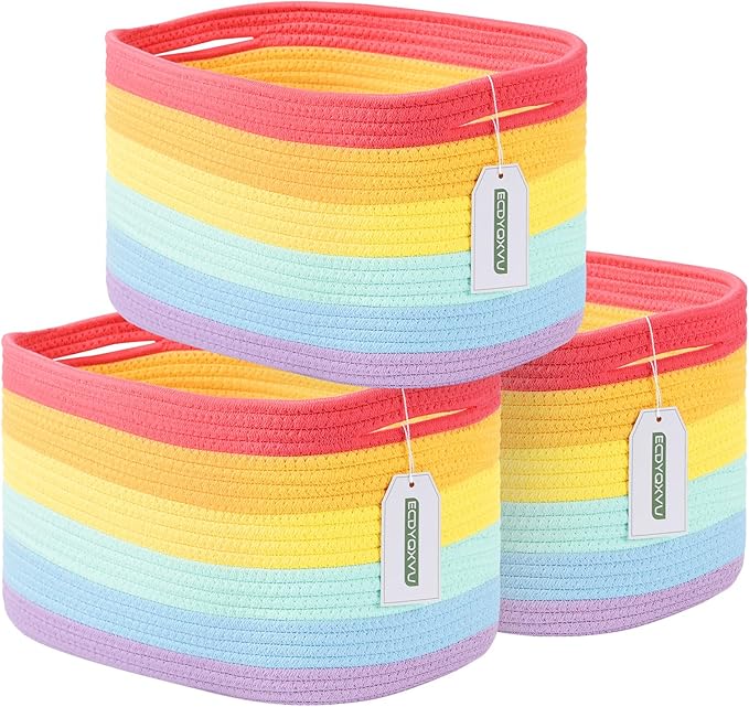 ECDYQXVU Cotton Rope Storage Basket, 15x10x9 Inches, Woven Basket for Shelves, Clothes, Towels, Books, and Laundry, Rainbow (3 Pack)