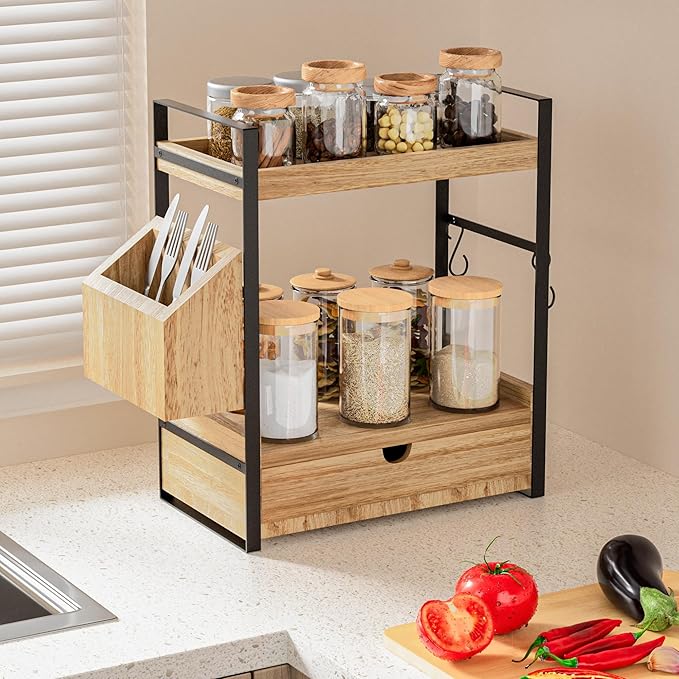 Kottwca 2-Tier Bathroom Counter Organizer with Drawer, Basket & Hooks, Wooden Vanity Shelf for Skincare, Perfume & Makeup Storage(Light Brown)