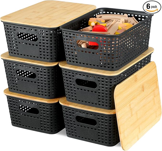 EOENVIVS Storage Bins with Bamboo Lids, 6 Pack Plastic Storage Baskets and Storage Containers, Storage Baskets for Organizing Shelves Drawers Desktop Closet Playroom Classroom Office Home, Black