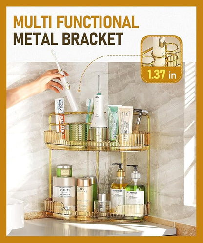 EUHOME 2-Tier Corner Bathroom Counter Organizer Makeup Cosmetic Storage, Tool-Free Installation Acrylic Vanity Shelf, Skin Care Organizer Perfume Tray for Countertop Bathroom, Dresser, Kitchen (Gold)