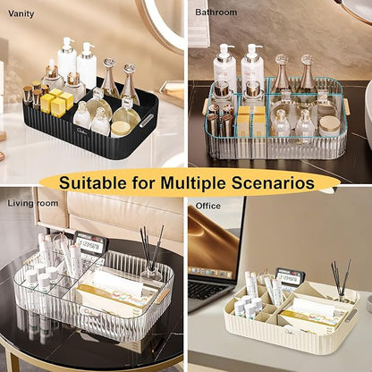 DASITON Large Capacity Makeup Organizer,12 Slots Makeup Brush Holder,Makeup Storage with Handle,Vintage Striped Cosmetic Organizer for Bathroom Countertops,Desk Storage Container(Cream)