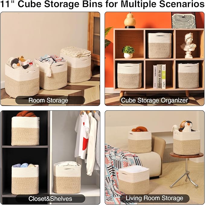 11 Inch Cube Storage Bins, 11x11 Organization Bins for Cube Organizer, Square Cloth Storage Cubes, Woven Storage Baskets for Shelves, Toy Baskets Storage Kids, Off White & Brown (Pack of 3)