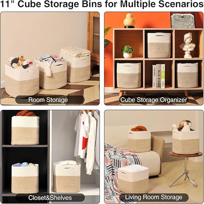 11 Inch Cube Storage Bins, 11x11 Organization Bins for Cube Organizer, Square Cloth Storage Cubes, Woven Storage Baskets for Shelves, Toy Baskets Storage Kids, Off White & Brown (Pack of 3)