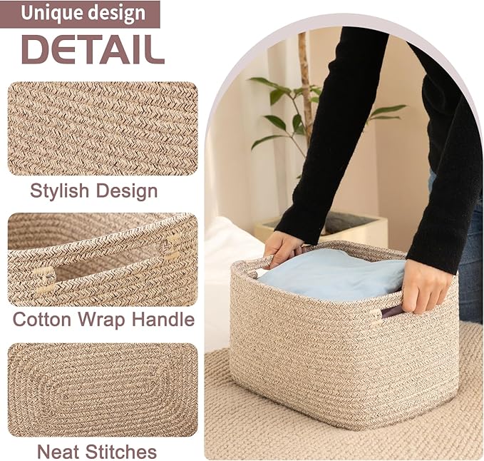 OIAHOMY 4 Pack Storage Baskets for Organizing, Cube Storage Bins for Shelves, Rectangle Storage Baskets With Handles, Woven Baskets for Storage, 12.7''Lx9''Wx7.8''H, Mixed Brown
