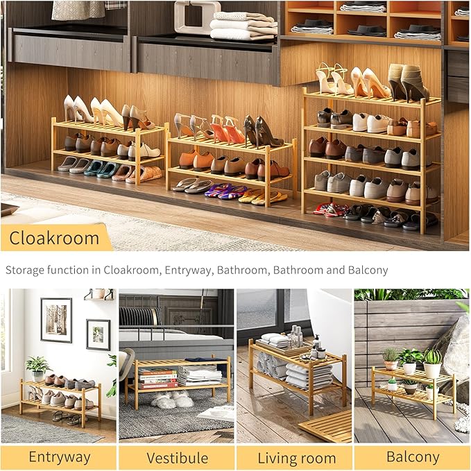 2-Tier Bamboo Shoe Rack for Entryway, Stackable | Heavy Duty | Multi-Function, Free Standing Shoe Racks for Bedroom Hallway Closet
