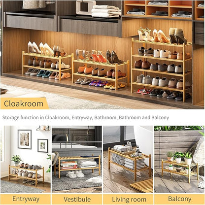 2-Tier Bamboo Shoe Rack for Entryway, Stackable | Heavy Duty | Multi-Function, Free Standing Shoe Racks for Bedroom Hallway Closet