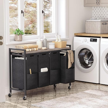 HOOBRO Laundry Sorter 4 Sections, Laundry Hamper with Wheels, 4 × 10.5 Gal (39.8L), Rolling Laundry Basket, Pull-Out and Removable Oxford Fabric Bags, Greige and Black BG04XY01